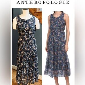 Anthropologie Lara Guidotti Navy Floral Midi Maxi Dress Italian Silk Blend S EUC